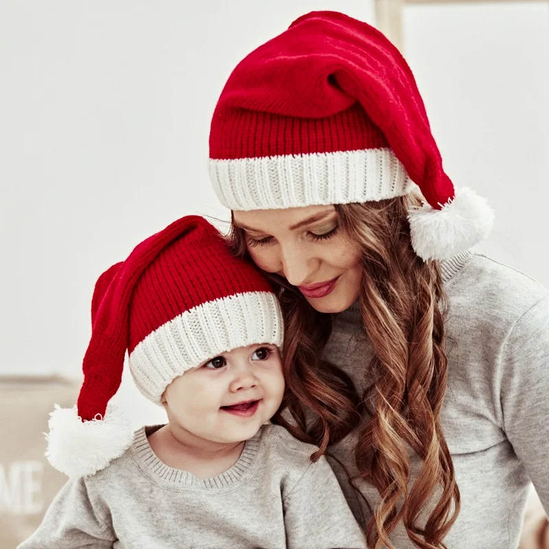 

Red Winter Warm Santa Claus Parent Child Woolen Ball Gift Knitted Hat Children Adult Boy Girl navidad Christmas Decoration