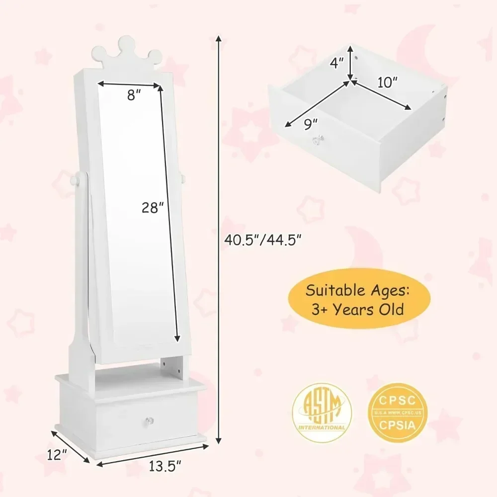 Kids Jewelry Armoire Cabinet, 2-Angle Tilting Wooden Standing Jewelry Organizer with Full-length Mirror and Storage Drawers 6