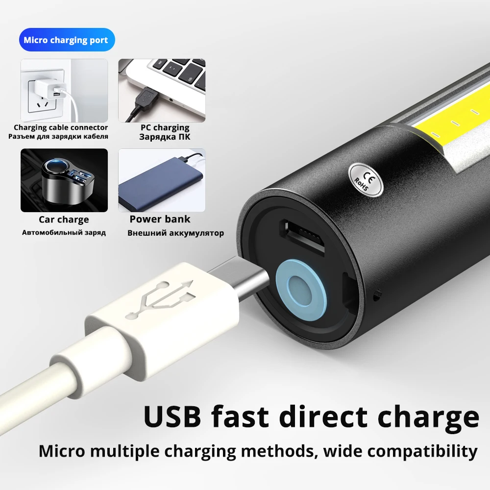 USB Rechargable Mini LED Flashlight 3 Lighting Mode Waterproof Torch  Telescopic Zoom Stylish Portable Suit for Night Lighting