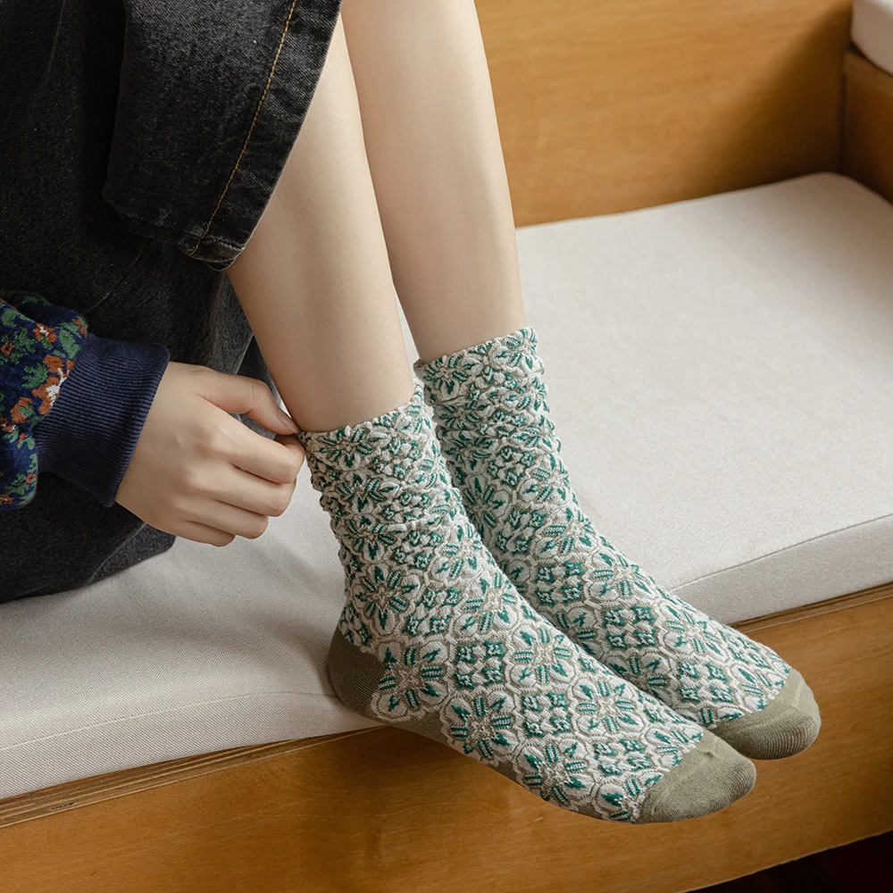 5 Pair Fashion New Floor Socks For Women Cotton Kawaii Flower Print Autumn Winter Long Comfortable Cute Socks Set Designer Socke