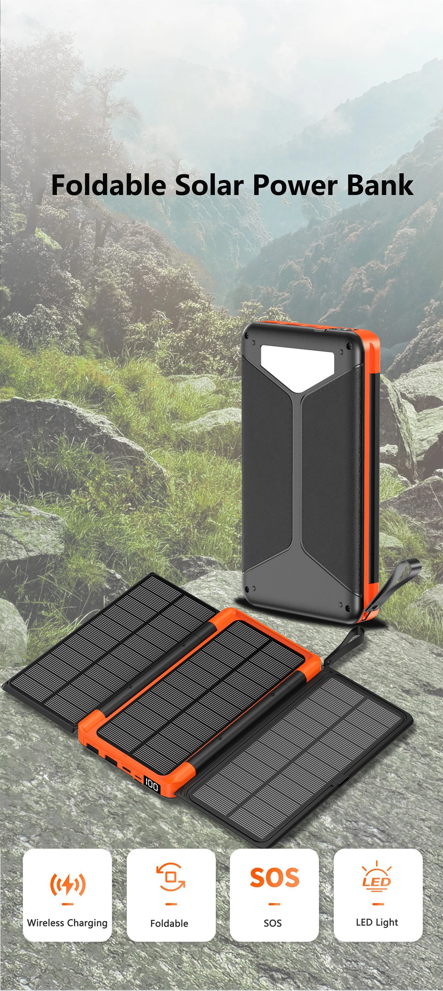Solar Power Bank With 3 Panels 20000mah Portable Wireless Charger_voghion.com