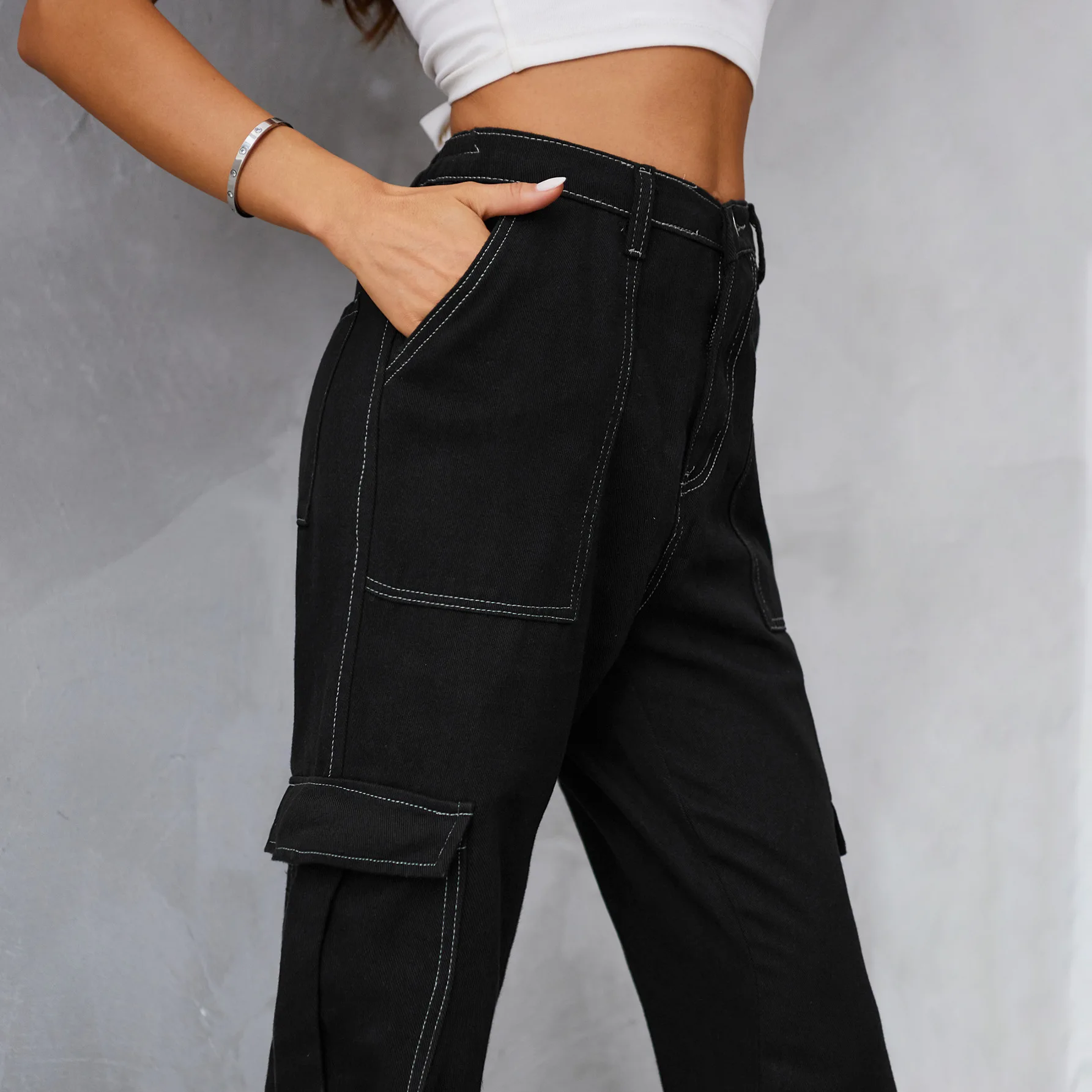 New Retro Elastic Waist Denim Workwear Pants Casual Jeans for Women Y2k High Waisted Jeans Woman  Cargo Pants Women