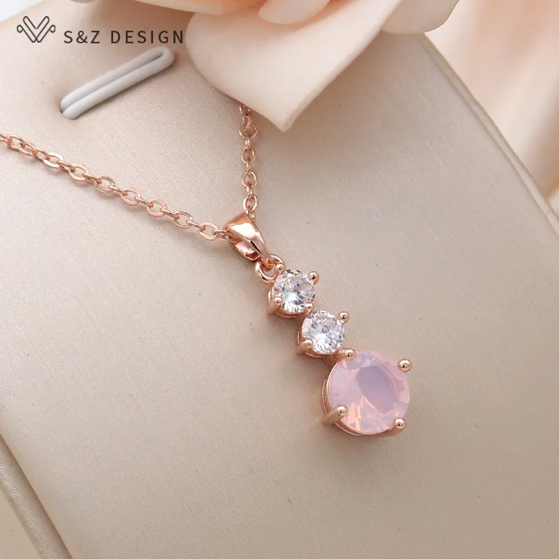 S&Z DESIGN New Fashion 585 Rose Gold Color Round Cubic Zirconia Pendant Necklace For Women Party Collarbone Chain Jewelry