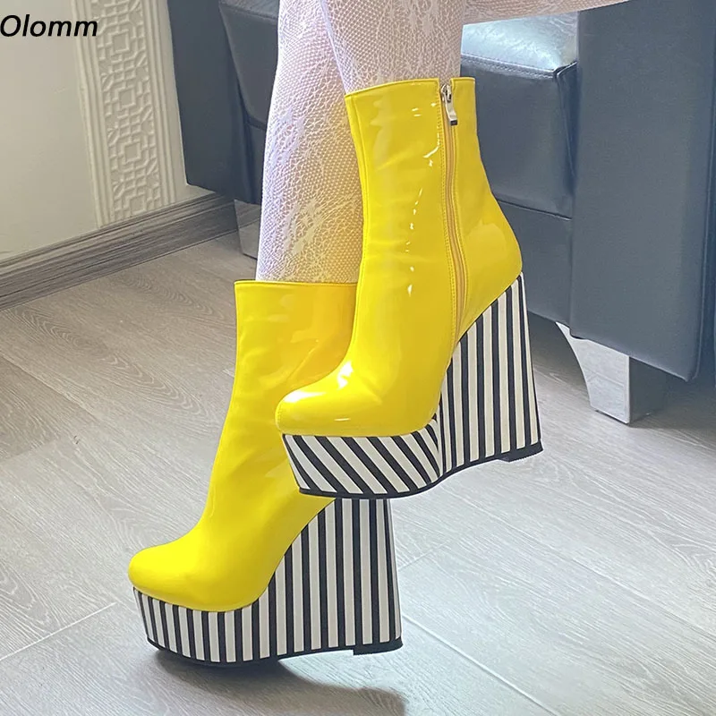 

Olomm Handmade Women Platform Ankle Boots Strip Wedges Heel Boots Round Toe Gorgeous Red Pink Party Shoes Plus US Size 5-20