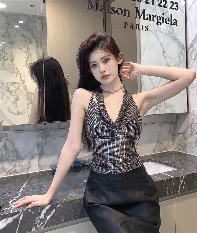 

Spicy Girl Sequins Women's Summer New Slim Sleeveless Open Back Short Top