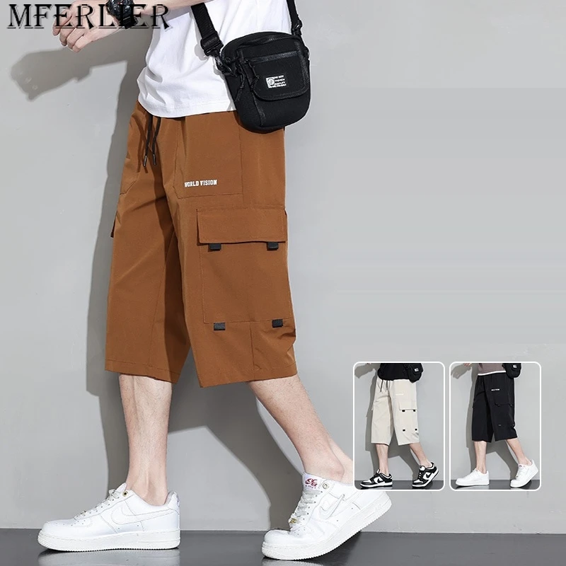 

Брюки-карго мужские прямые, до щиколотки, с карманами, повседневные штаны с эластичным поясом, в Корейском стиле, летние