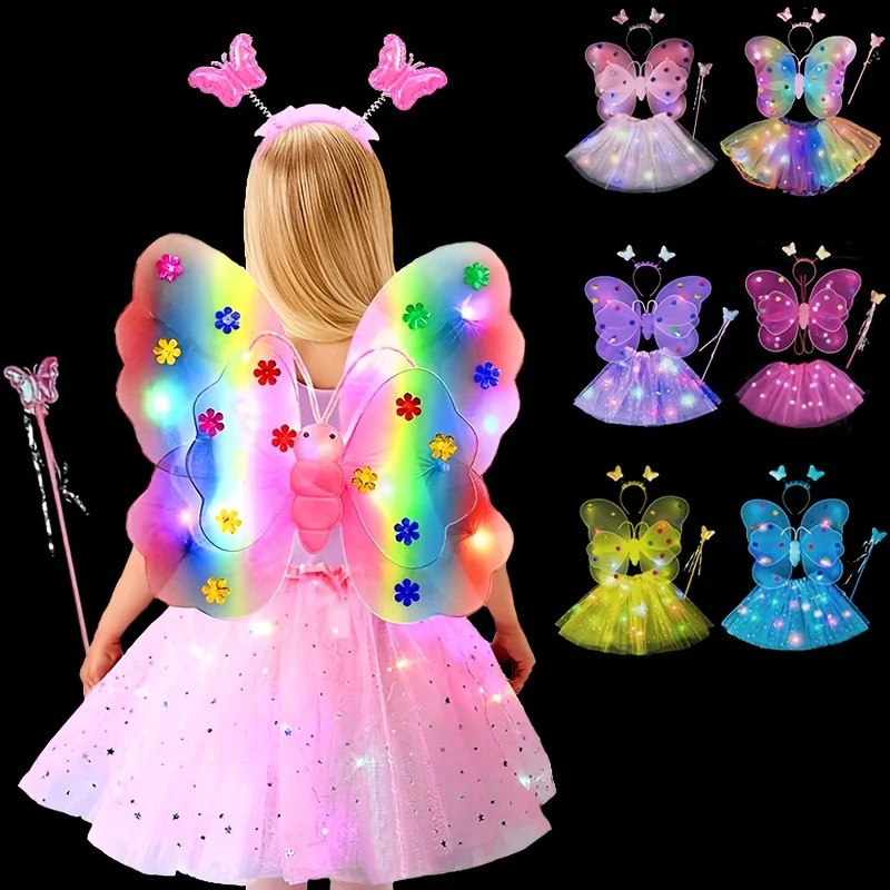 Led Flashing Light Fairy Butterfly Wing Wand Headband Costume Toy Sparkling Fairy Light-Up Costume Set Cosplay Birthday Party children toys mini led light glow light birthday party decorations glow headband luminous hair bands led dance costume