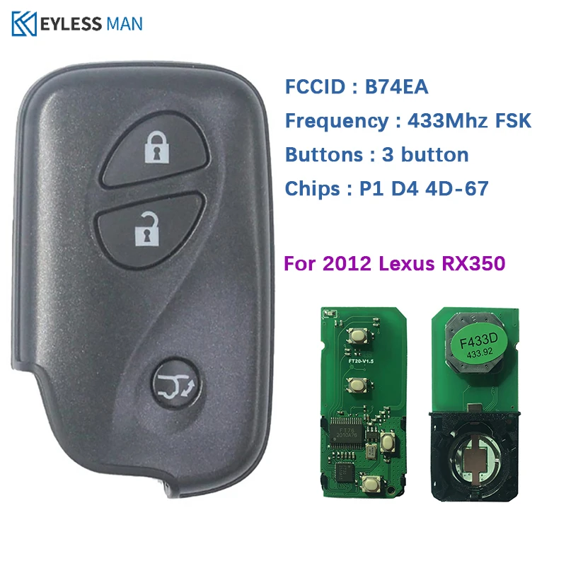 3 Button Smart Key Fob For Lexus RX350 2012 Remote With FSK 433MHz ID74 Chip Board Number 89904-48641 FCCID B74EA