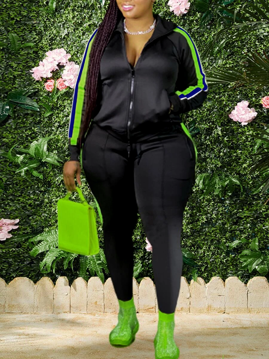 

LW Plus Size Two pieces sets Striped Kangaroo Pocket Tracksuit Set Woman Tracksuit 2 Piece Set Autumn Female Jogging sport suit