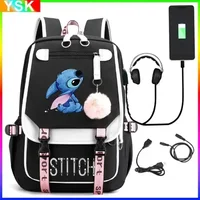 MINISO Disney Lilo and Stitch Stitch USB Charging Schoolbag Male and Female Student Backpack Anime Cartoon School Bag Mochila 1