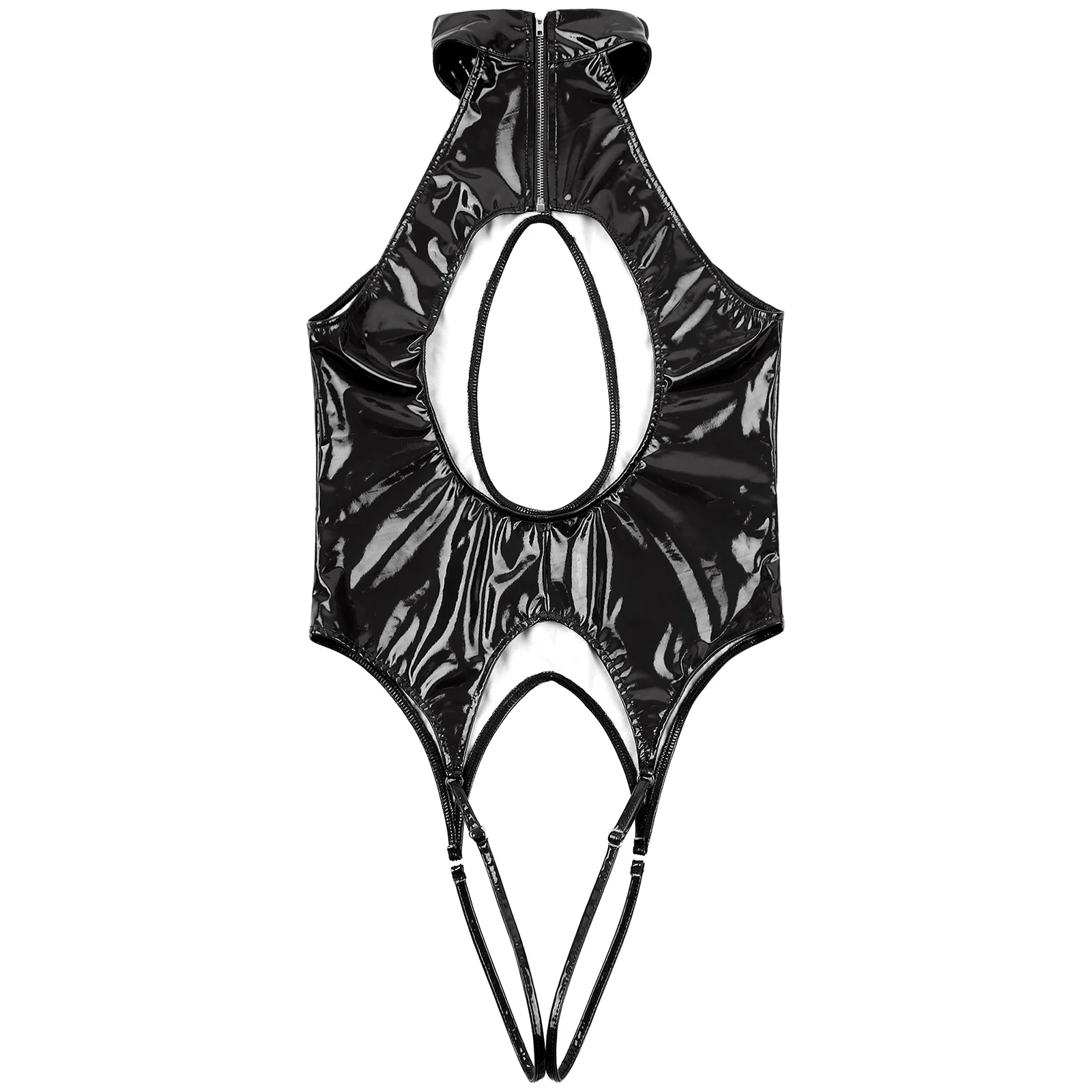Womens Wet Look Patent Leather Open Crotch Bodysuit Mock Neck Sleeveless Tempting Cut Out Crotchless Catsuit Jumpsuit Nightwear women bodysuit
