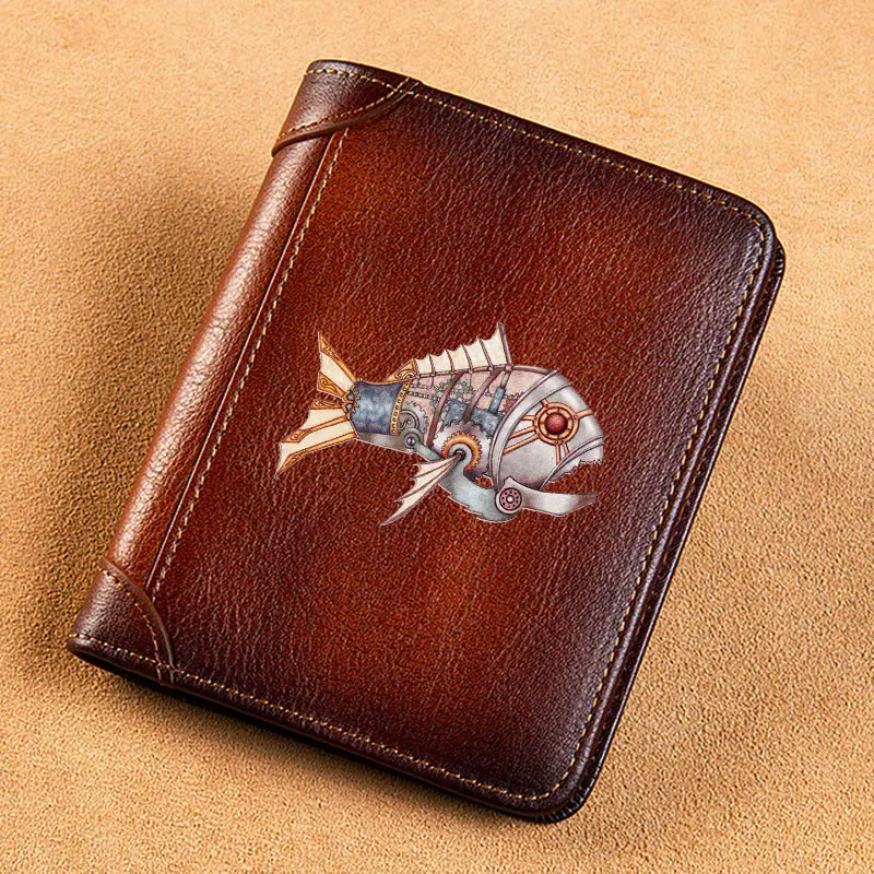 

High Quality Genuine Leather Men Wallets Classic Steampunk Fish Skeleton Short Card Holder Purse Trifold Men's Wallet BK3863