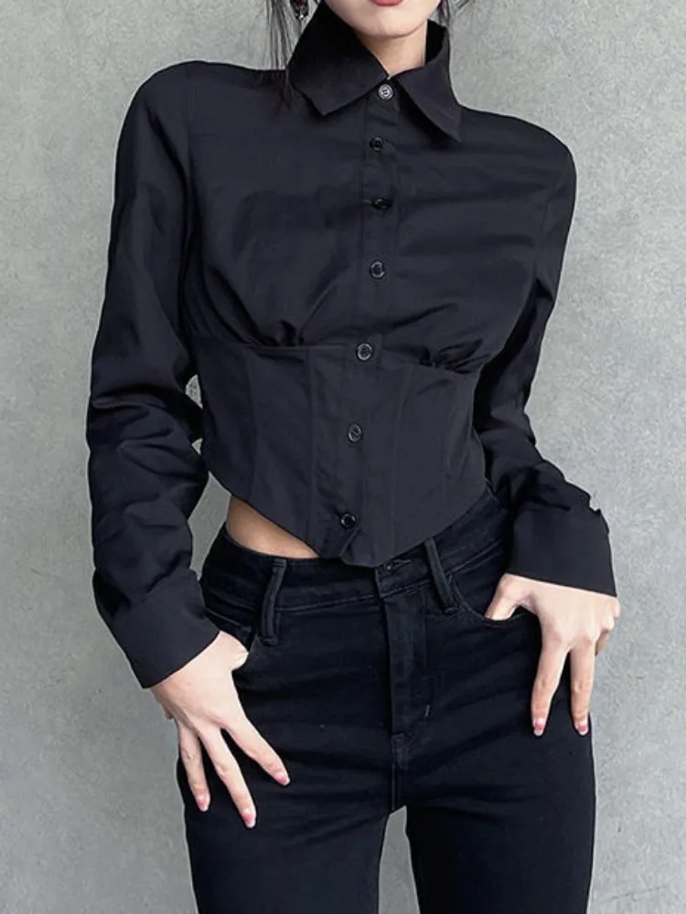 Deeptown Y2k Black Slim Crop Shirt Women Gothic Goth Harajuku Button Blouse Cropped Top 2023 Autumn Kroena Fashion Kpop