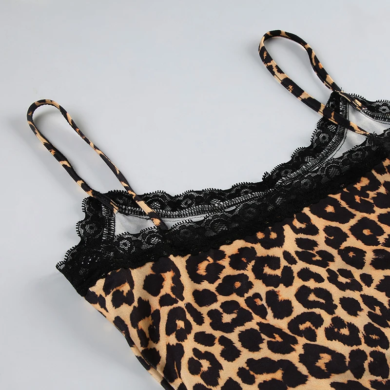 Sleeveless Skinny Sexy Leopard Rompers Contrast Lace Patchwork Camisole Bodys Women Vintage Rave Street Club Playsuit
