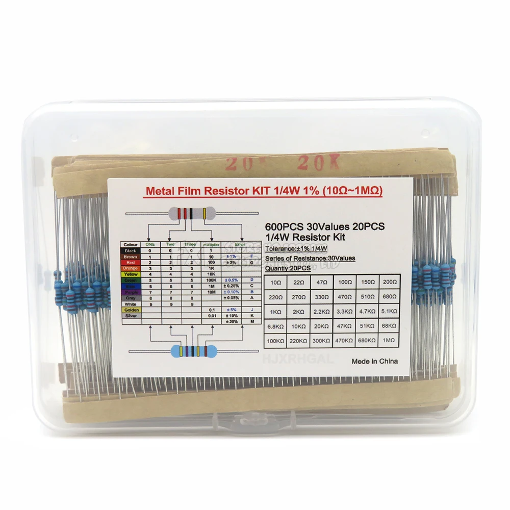 600PCS 30Values x 20PCS 1% 1/4 W Metal Film Resistor Pack Set