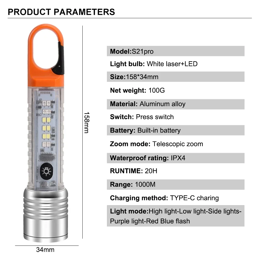 S21PRO 1000m Long White Flashlight Work Lamp IPX4 Waterproof 20h Lantern Built-in Battery Type-C Charing Camping Torch