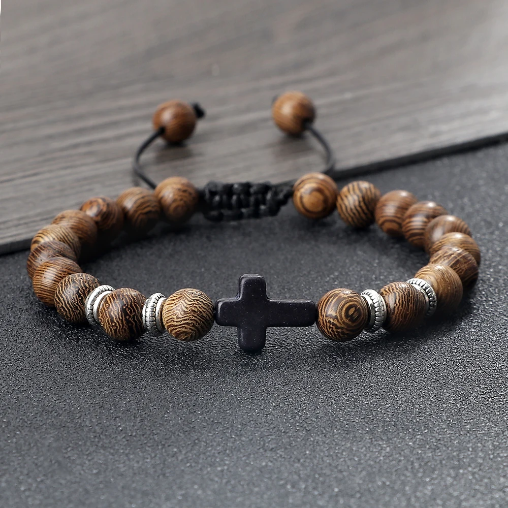 Pulsera de cuentas de madera con piedra Natural hecha a mano para hombre y mujer, brazalete trenzado de Jesús, Jesús, oración, Yoga, joyería, regalo para pareja