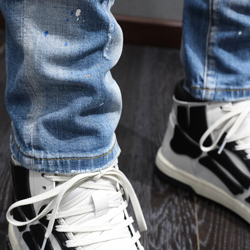 High Street Fashion Men's Patched Jeans Vintage Light Blue Elastic Tight Split Jeans Men's Designer Vintage Denim Pants Hombre