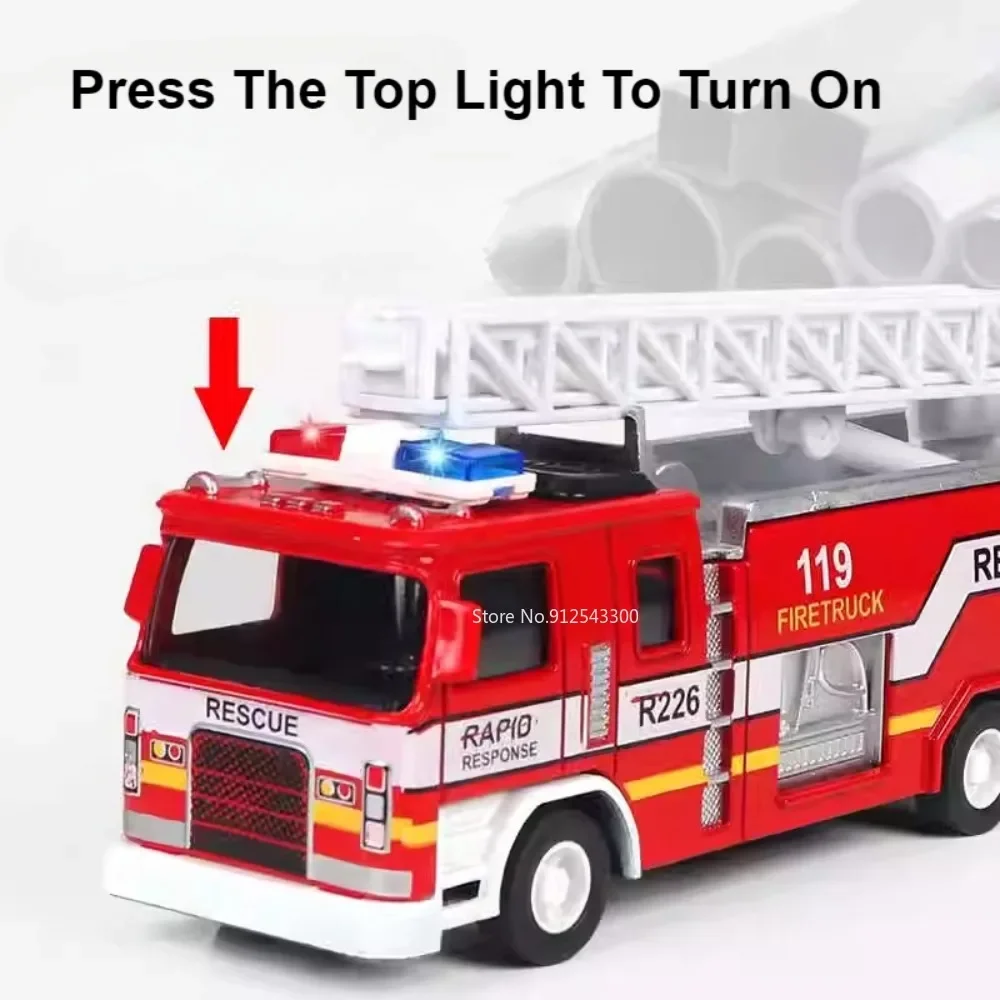 1:32 Fire Truck Model Toy Car Alloy Body Rubber Tire Music Light Pull Back Climbing Water Tank 119 Vehicles Models Toys Gifts - 4