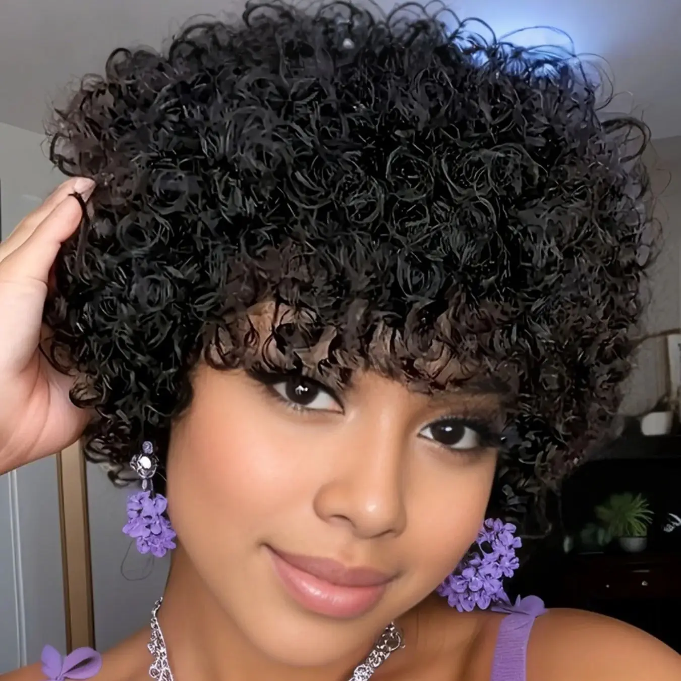 인모 가발 픽시컷 아프로 곱슬 가발 앞머리 포함 기계식 제작 가발 데일리용