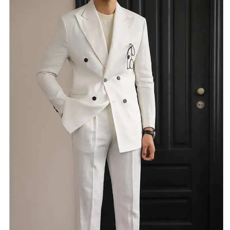Luxury Linen Double Breasted Italian Suit For Men's Versatile Slim Fit Business Lapel Collar Retro Suit Green Brown 4 Colors