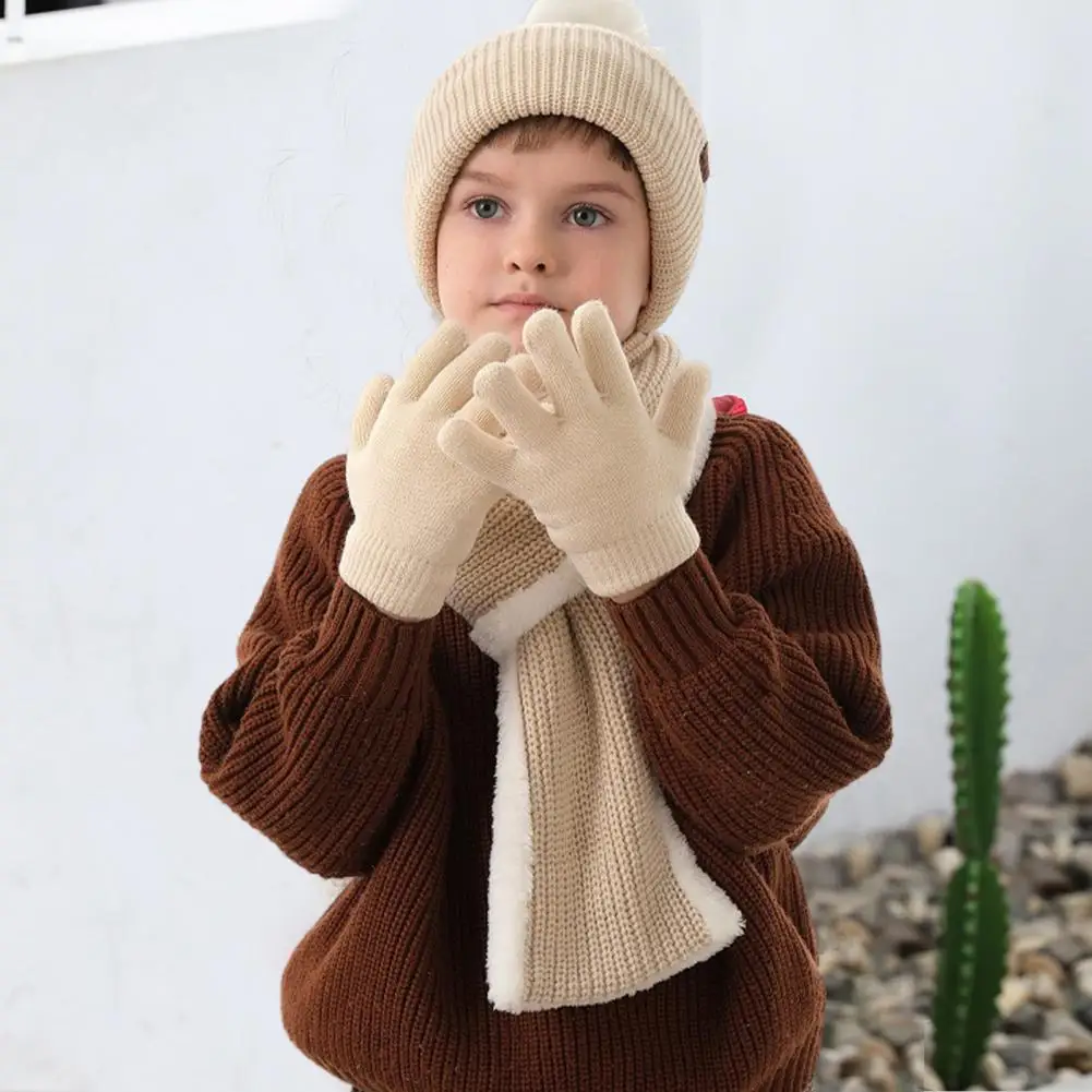 

Girls Hat Scarf Glove Set Kids Winter Hat Gloves Scarf Set Knitted Thickened Plush Lining Outdoor Windproof Warm Children Pompom