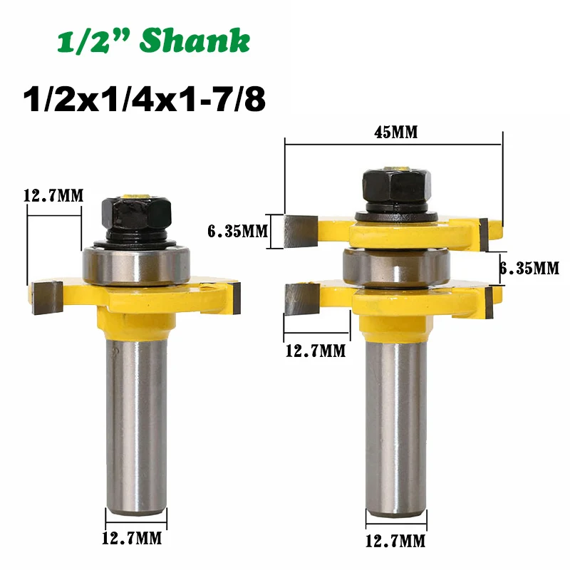 2PC/Set 1/2" 12.7MM Shank Milling Cutter Wood Carving Tongue & Groove Joint Assemble Router Bits T-Slot Tenon Woodworking Cutter