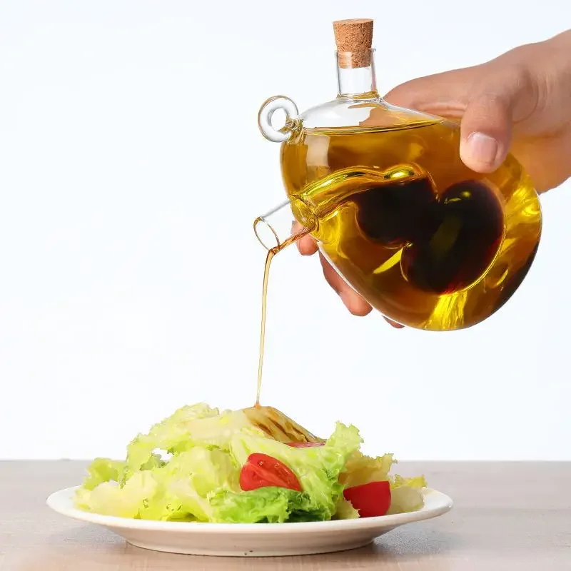 Two-in-one High Borosilicate Glass Oil Pot condiment squeeze bottles seasoning jars with Two Mouths and Fine Mouths for Kitchen Sealed Sauce and Vinegar Seasoning Bottle