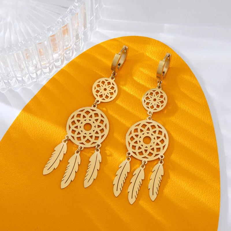 EILIECK 316L Stainless Steel Feather Dream Catcher Dangle Earrings For Women 2024 New Fashion Ear Drop Waterproof Jewelry Gift 5