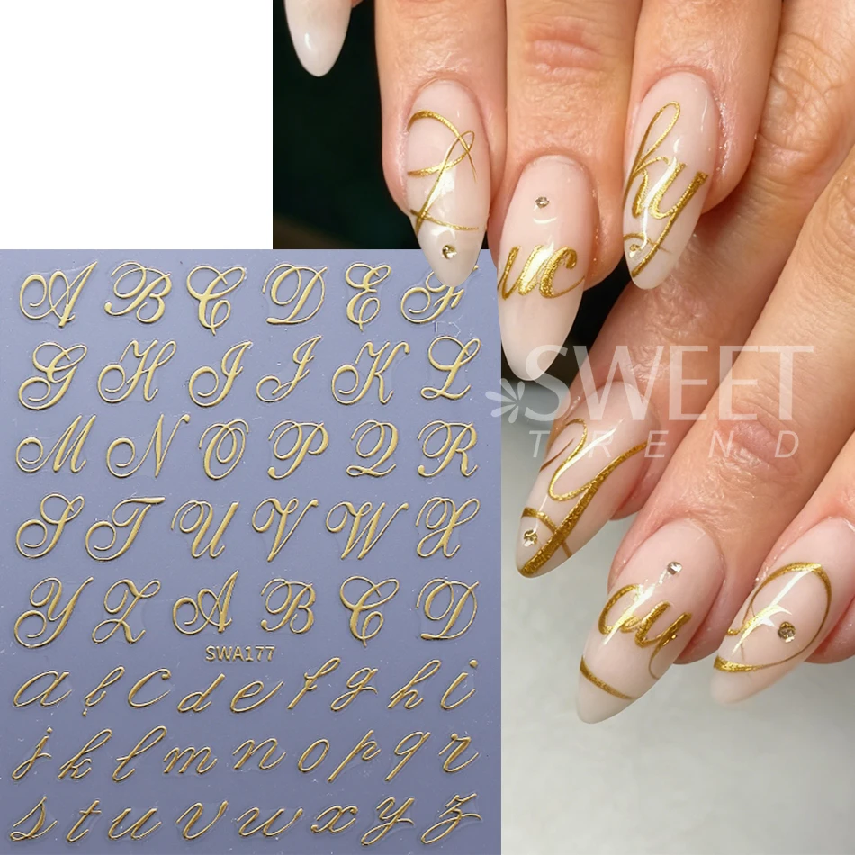 4pcs Gothic Letter Nail Sticker Y2K Cool Design Black Gold Red Blue English Alphabet Adhesive Nail Decal DIY Manicure Decoration