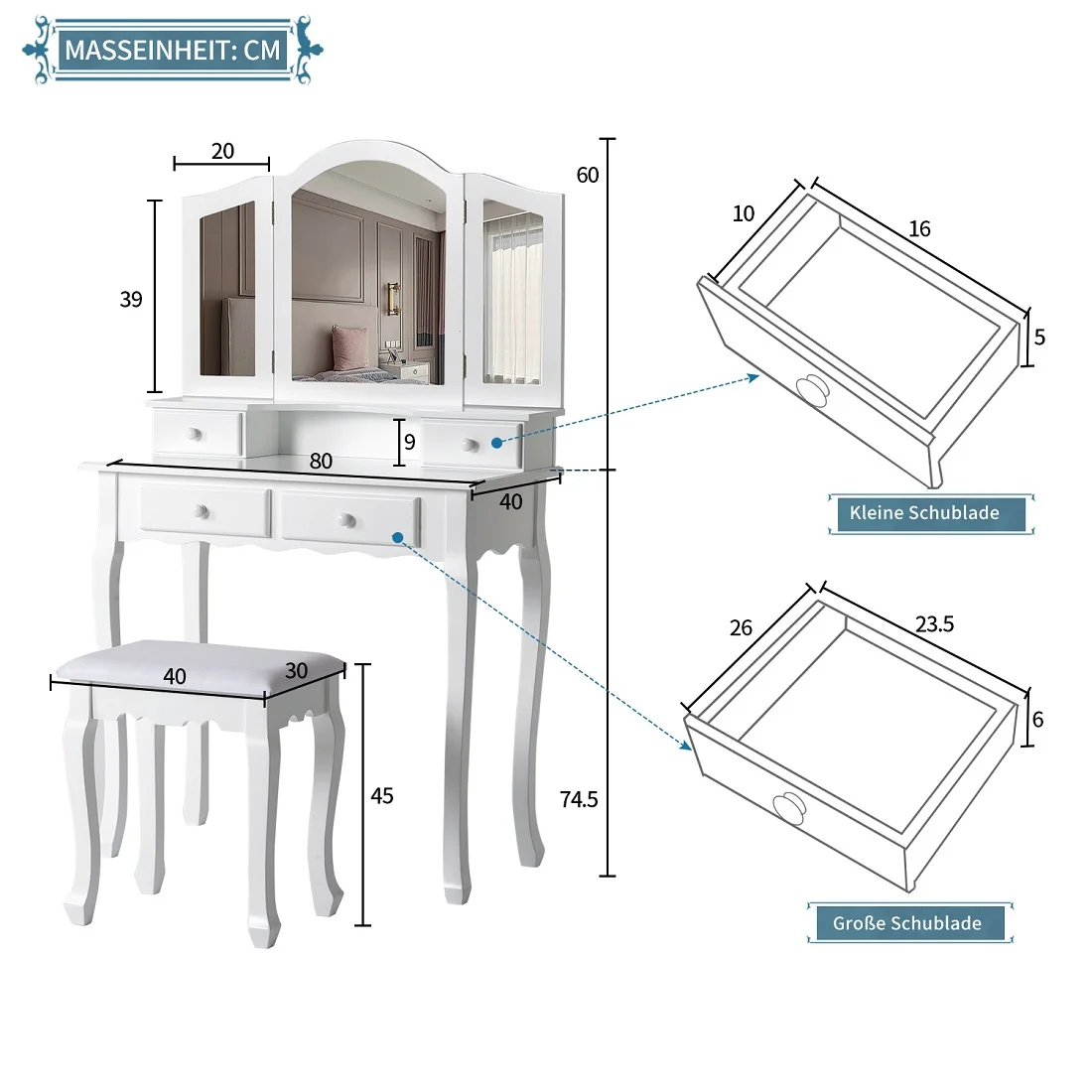 Description Picture 2 of itemWhite Makeup Vanity Table with Stool and Mirrors Dressing Tables with 4 Drawers Makeup Bedroom Cabinets Storage Toiletries Table
