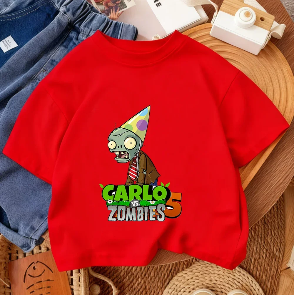 키즈 스트리트 패션 티셔츠 Plants Vs Zombies 귀여운 프린트 2026 여름 캐주얼 데일리웨어 3-14세