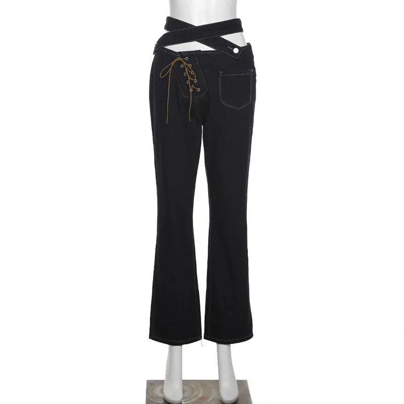 2024 Autumn and Winter New Women's Street Fashion Cross Button Lace-up Hollow Waist Wide Loose Long Wide-leg Casual Jeans