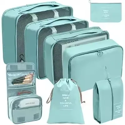 Waterproof Travel Packing Cubes Set with Drawstring Storage Pouches - 8-Piece Luggage Organizer for Clothes, Shoes, Underwear, and Cosmetics