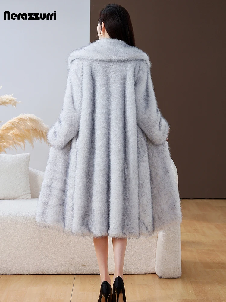 

Nerazzurri Autumn Winter Long Elegant Luxury Chic Thick Warm Soft Fluffy Faux Fur Coat Women Sashes Stylish Furry Overcoat 2023