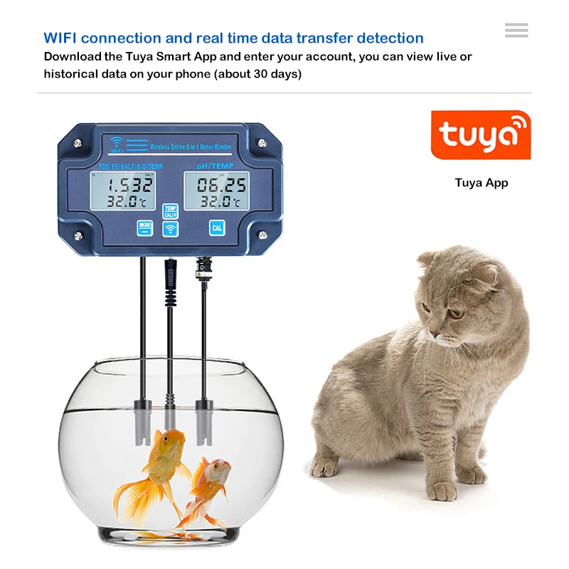 VNTECH 6in1 Smart Water Quality Tester, 24 Hrs Tuya App Monitoring of pH EC TDS Salinity SG Temperature, for Aquariums,Lab,Etc