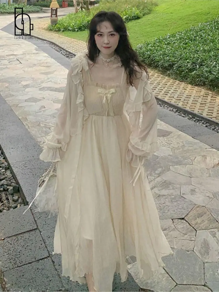 2022 프렌치 요정 중간 길이 멜빵 드레스, 나비 넥타이 공주 드레스, 쉬폰 가디건, 여름 패션
