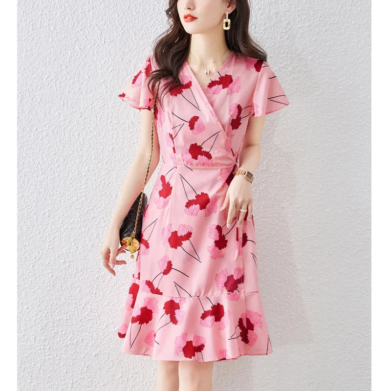 Summer Women's Elegant Fashion Floral Printing Sweet Vestidos Ladies Short Sleeve Slim Casual Waist Robe Female Vintage Dress