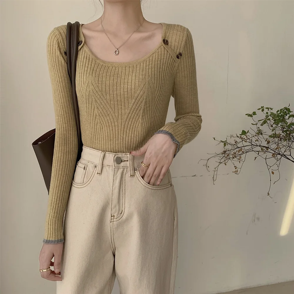 Croysier Autumn Winter Clothes Women Jumper Round Neck Long Sleeve Slim Casual Pullover Sweater Elegant Button Knitted Sweaters cardigan