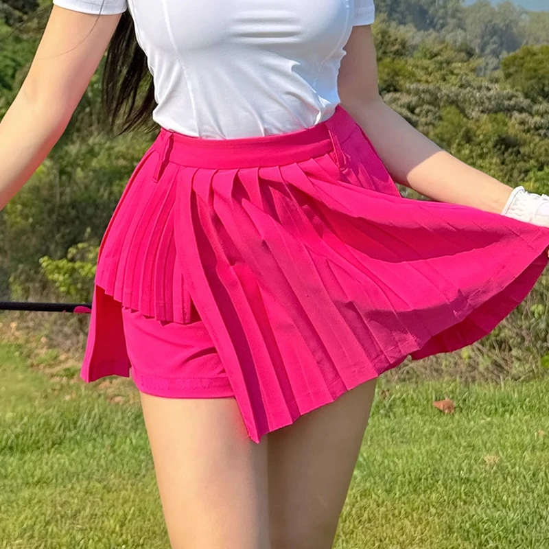 Spring and Summer Golf Women's Rose Red Pleated Skirt Sports High Waist Irregular Skort Pants Ladies Tennis Lesuire Golf Wear
