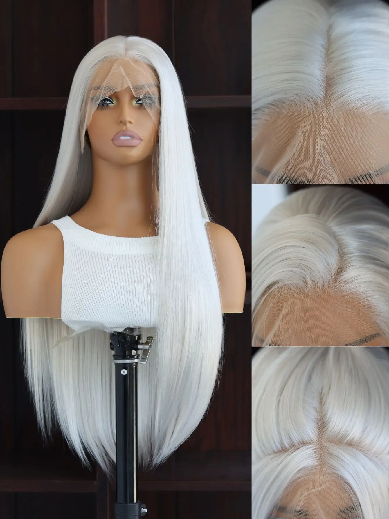 Silver Gray 13x4 Lace Front Synthetic Wigs | 24" Long Silky Straight Hair | Pre-Plucked Hairline | Heat Resistant | Daily/Party