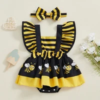 Infant Baby Girl Summer Clothes Ruffle Fly Sleeve Romper Dress Cute Print Playsuits with Headband Summer Outfit 1