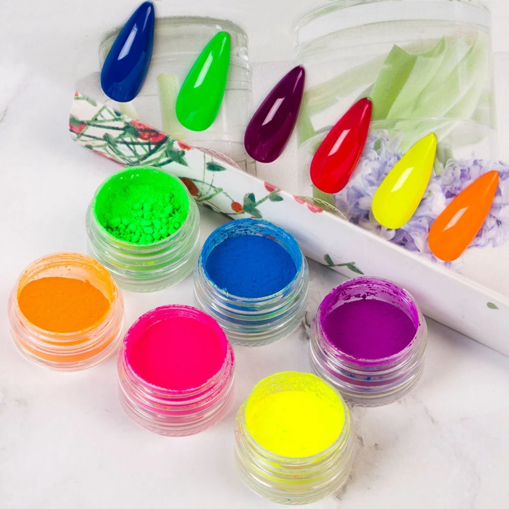 6Color/Set Neon Pigment Powder Fluorescent Nail Glitter Powder Chrome Pearlescent Epoxy Resin Eyeshadow Cosmetic Pigment nail powder,nail glitter,nail pigment,nail decoration,nail decorations,nail powder set,fluorescent pigment