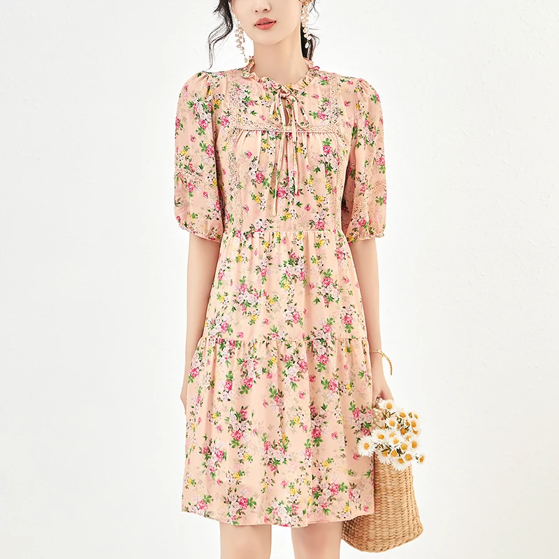 

Summer Dresses For Women Elegant Chic Bow Half Sleeve Vintage Dress A-line Ruffles 100% Real Silk Woman Floral Print Dress