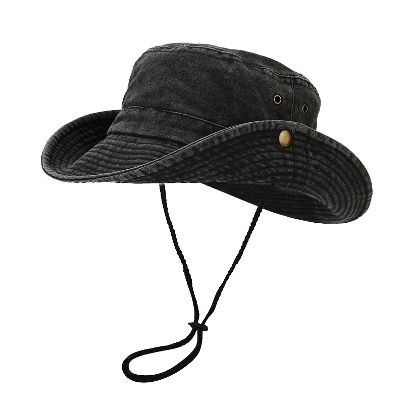 

2023 Wide Brim Bucket Sun Hat Packable Cotton Washed UPF 50 Beach Hat Women Men with Strings Cowboy Outdoor Safari Boonie Cap