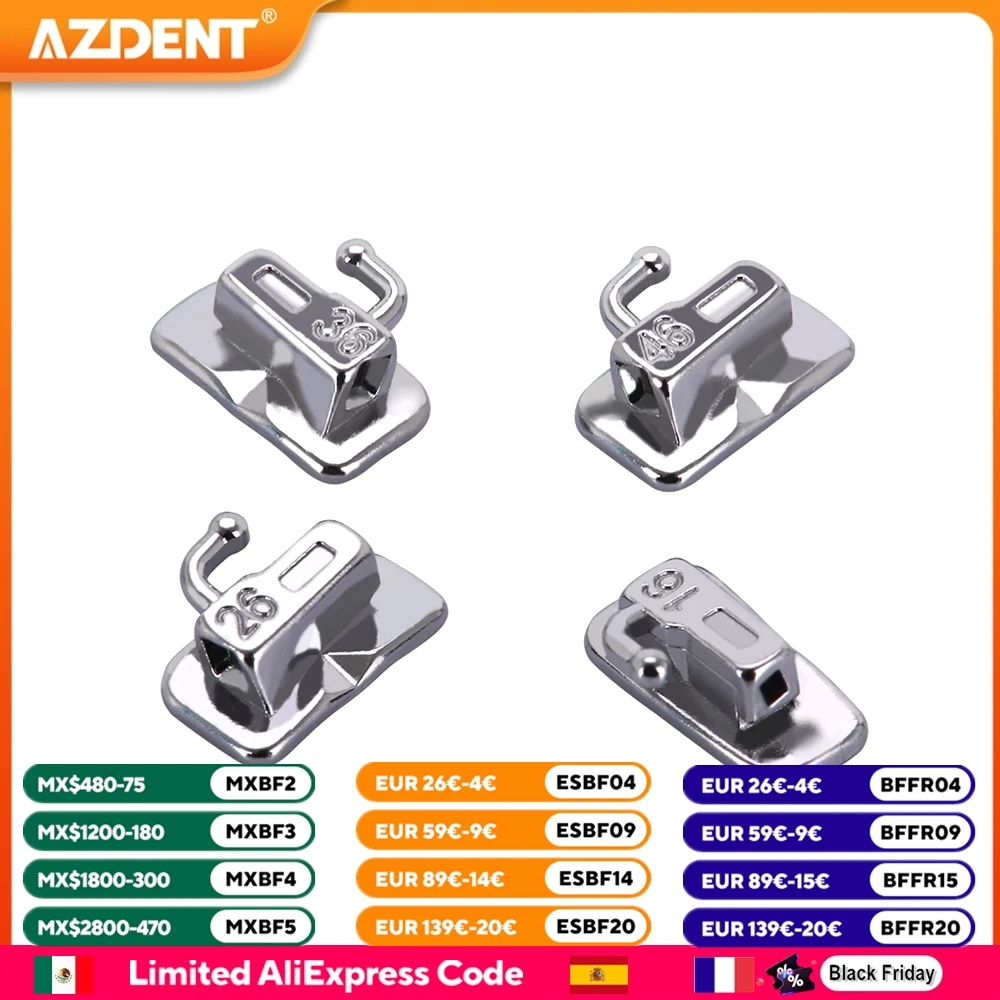 10 กล่อง แบร็กเก็ตจัดฟันแบบล็อคตัวเอง AZDENT รุ่น Mini Roth/MBT .022 พร้อมตะขอ 3 4 5 ท่อ Buccal ฐาน MIM Monoblock 1