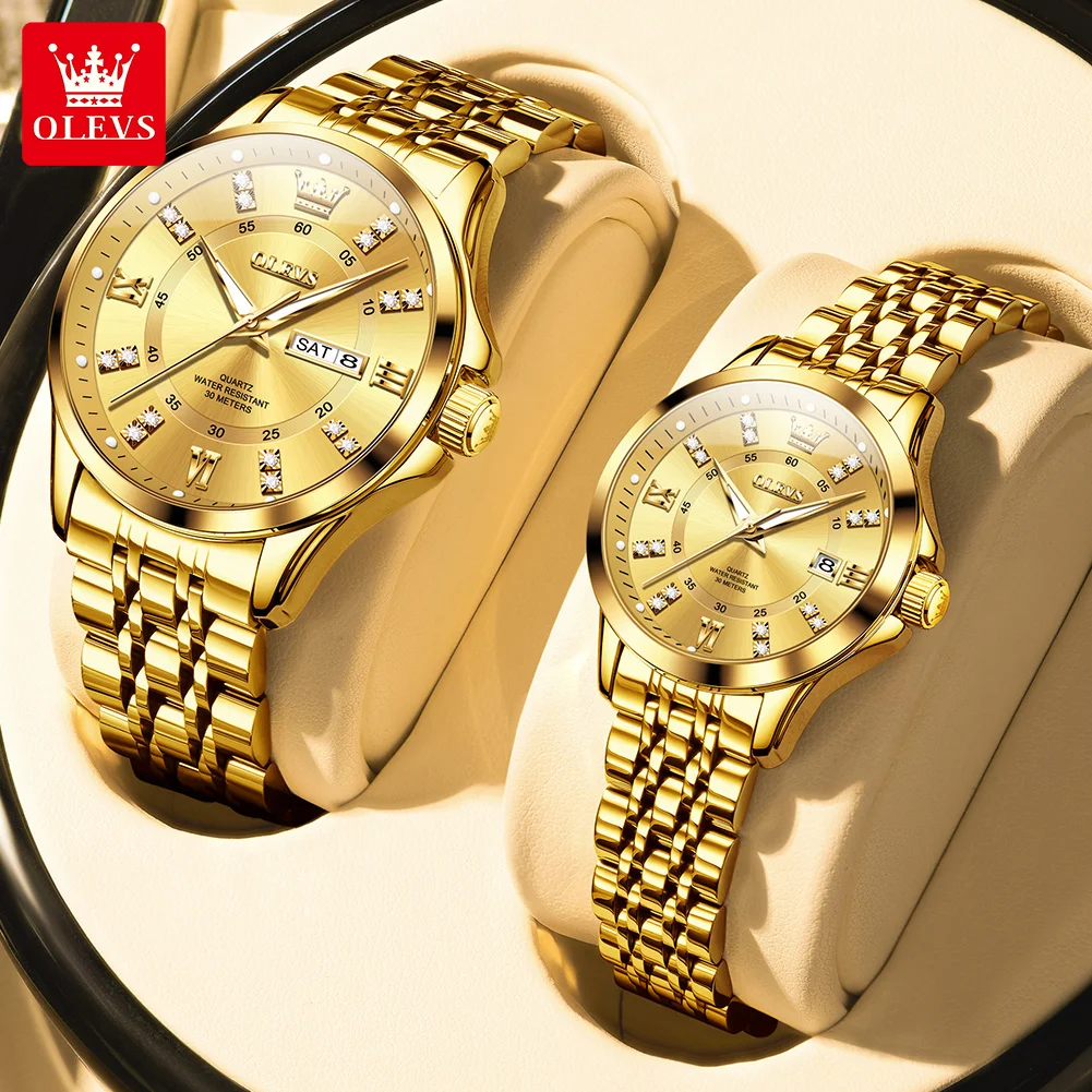 OLEVS 3620 Quartz Men Women Couple Watch Elegant Diamond Scale Calendar Waterproof Stainless Steel Watch HD Luxury Couple