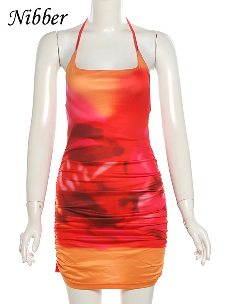 Nibber Spaghetti Strap Sexy Dress Women Y2K Backless Peach Hip Lace Up Bodycon Gradient Print Summer Beach Vacation Clubwear 6