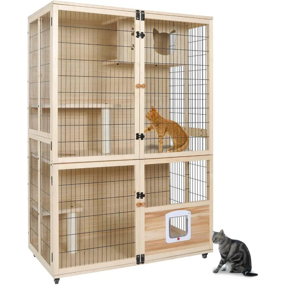 Wooden Cat House Large Space Cat Cage with Scratching Post and Lockable Wheels Double Layer House with Escape Door