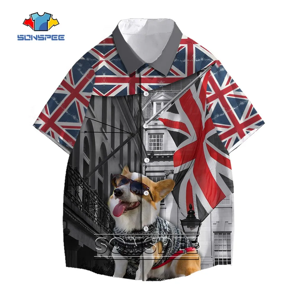 SONSPEE Corgi 3D Print Pet Dog Animals Shirt Street Casual Short Sleeve Top Fashion British Flag England Color-blocking Shirts